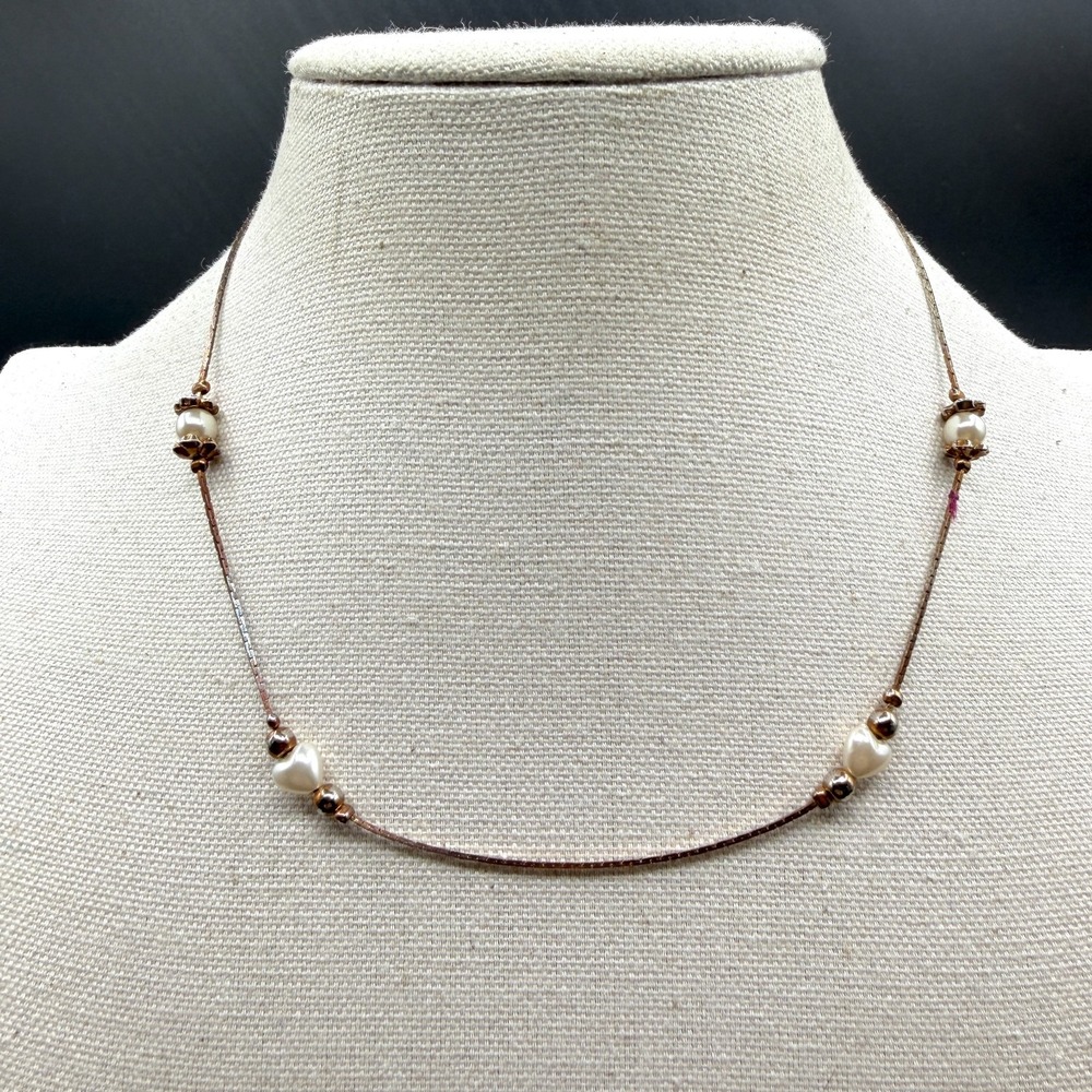 Rose Gold Tone Faux Pearl Heart Bead Necklace Romantic Coquette Gift for Her